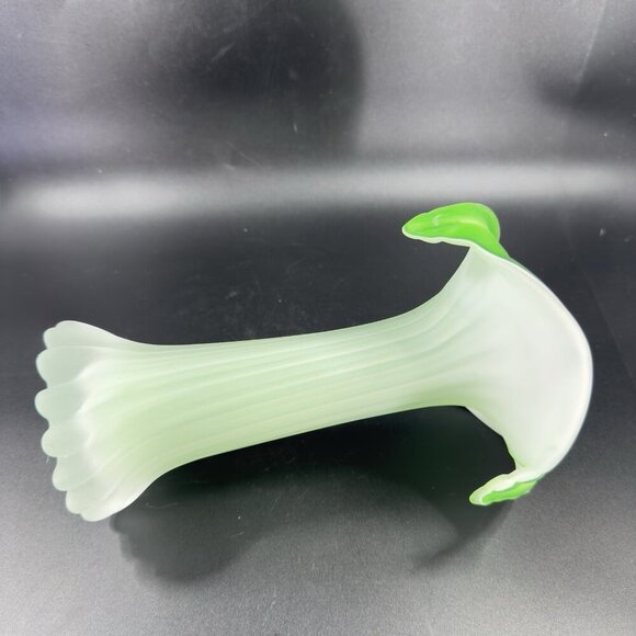 1970s Frosted Green Leaf Shaped Top Glass Vase Vessel Jack In The Pulpit Vintage - Picture 10 of 16